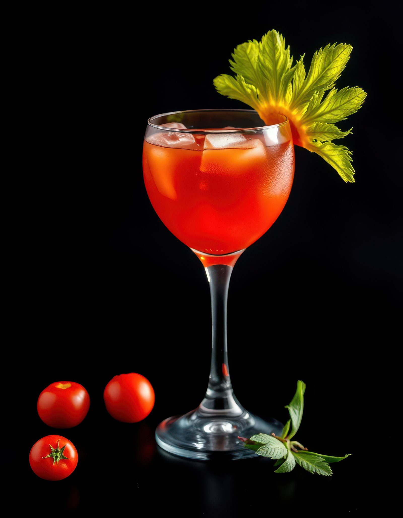 Refreshing cocktail garnished with a celery leaf and cherry tomatoes on a black background